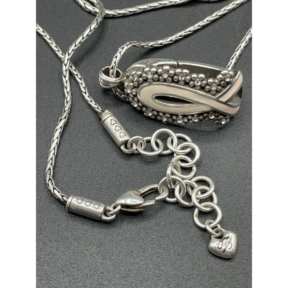 Brighton Breast Cancer Ribbon on 32" (Adj) Silvertone‎ Chain Stamped Heart B